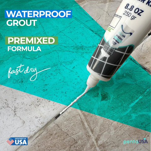 Two Tube Premixed Tile Grout Repair Kit White Acrylic Sanded Grout Filler For Bathroom Shower Kitchen Tiles Water Resistant With Applicator Tubes Fast Drying 2 X 250g being applied on tile