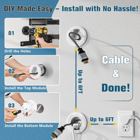 DIY install steps for In Wall Cable Management Kit No Mess Wires Hiding Power And Low Voltage Cables With Hole Saw Drill.