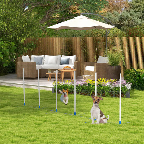 Dogs practicing on Dog Agility Weave Poles Set, Adjustable Training Kit with Storage Bag in backyard