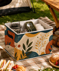 Boho Abstract Botanical Foldable Storage Bins for Home Organization Collapsible Fabric Cubes on picnic blanket with utensils.
