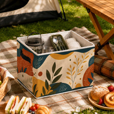 Boho Abstract Botanical Foldable Storage Bins for Home Organization Collapsible Fabric Cubes on picnic blanket with utensils.