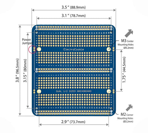 Large Gold Plated Solderable Breadboard Prototype Kit For DIY Electronics Projects Compatible With Arduino Nano ESP8266 NodeMCU And Other MCUs 6 Pack Blue, dimensions labeled.