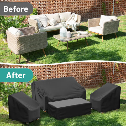 4 Piece Patio Furniture Cover Set Waterproof Outdoor Sofa 2 Chair Covers And Coffee Table Cover With Windproof Buckle Straps And Adjustable Drawstrings Black, before and after protection on patio furniture