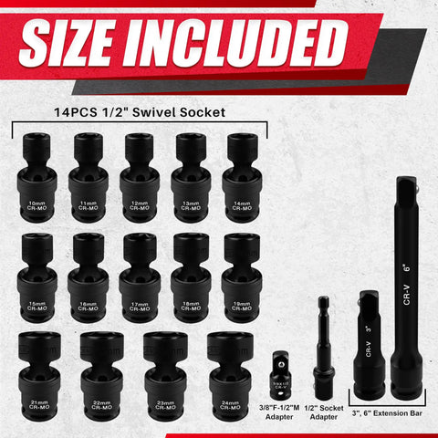 18 Piece Half Inch Drive Shallow Universal Impact Socket Set With Swivel And Flexible Wobble Sockets CR MO Construction Pro Grade Built Tough Metric 10mm To 24mm Includes 3 Inch And 6 Inch Extension Bars And Adapter 6 Point, showing all pieces
