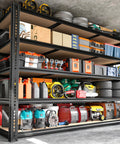 Heavy Duty Garage Shelving Unit 3500 Lbs Capacity, 60 Inch Wide 5 Tier Storage Rack For Tools, Gear, And Oversized Items, Ultra Sturdy Metal Shelves For Home, Garage, Or Workshop Organization, loaded with bins and tires