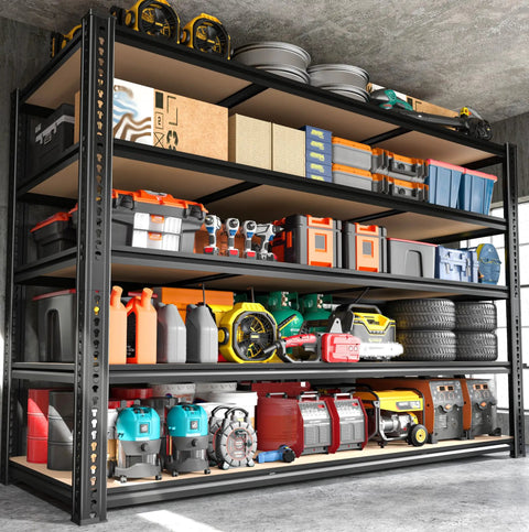 Heavy Duty Garage Shelving Unit 3500 Lbs Capacity, 60 Inch Wide 5 Tier Storage Rack For Tools, Gear, And Oversized Items, Ultra Sturdy Metal Shelves For Home, Garage, Or Workshop Organization, loaded with bins and tires