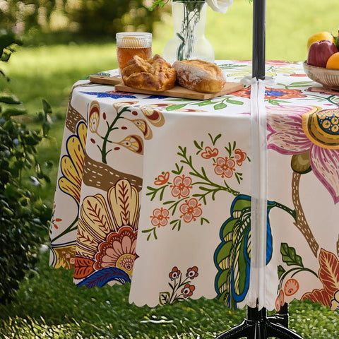60 Inch Round Outdoor Tablecloth With Umbrella Hole And Zipper Spillproof And Wrinkle Free Paisley Patio Cover on outdoor table.
