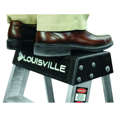2-Foot Aluminum Step Stool For Industrial Use - Heavy-Duty 300-Pound Capacity, Rugged Gusset Bracing, Type IA AS3002, Lightweight 2-Step Ladder For Easy Low-Reach Tasks, close-up of shoes on top step