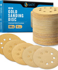 Pro Grade Five Inch Gold Sanding Discs Set 100 Pieces With 60 80 120 150 220 Grits For Orbital Sander Eight Hole Hook And Loop Backing Anti Clog Coating Heavy Duty And Non Slip Performance displayed with box
