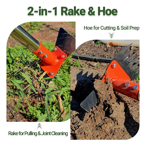 2 In 1 Garden Hoe And Weed Puller Rake With 60 Inch Adjustable Long Handle Heavy Duty Spring Steel Head in use