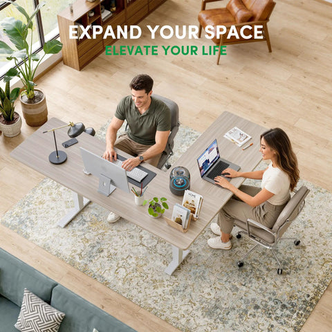 Dope Ergonomic L Shaped Standing Desk Adjustable Height Electric Sit Stand Corner Computer Workstation with light walnut wood grain.