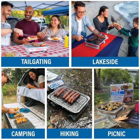 Disposable Portable Charcoal BBQ With Pull Start Ignition in use at tailgating, lakeside, camping, hiking, and picnic settings.