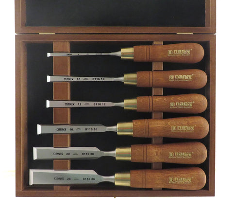 Pro Grade 6 Piece Woodworking Chisel Set With Hornbeam Handles In A Sturdy Wooden Box Chrome Manganese Steel Blades Hardened To Rc 59