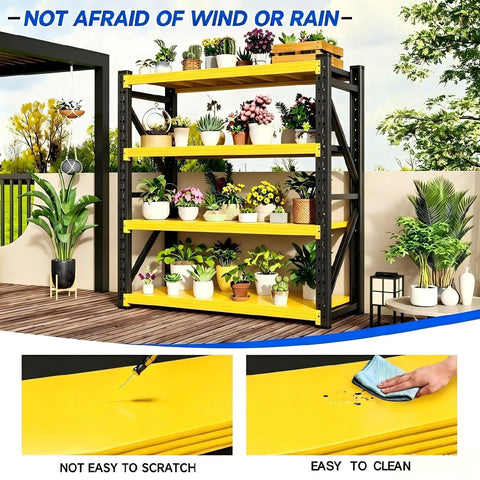 Heavy Duty Metal Garage Shelving Unit, A Dang Solid Shop Storage Rack That Tackles Every Heavy Tool Without Cracking A Sweat, Industrial Load Bearing Organizer, Black Yellow, 47 By 79 By 24 Inches with plants and pots.