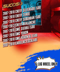 Image showing compatible vehicles list for 2007-2018 models with 6-lug wheel only, including Chevy Silverado and GMC Sierra.