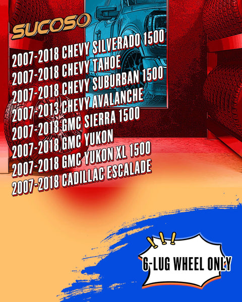 Image showing compatible vehicles list for 2007-2018 models with 6-lug wheel only, including Chevy Silverado and GMC Sierra.