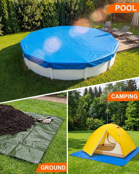 3 Pack 10 Foot By 10 Foot Heavy Duty Waterproof Tarps With Grommets 5.5 Mil Thick PE Ground Cover For Camping Outdoor Yards Tents Pools