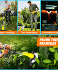 Cordless Electric Weed Wacker With 12V Battery, 65 Inch Adjustable Pole shown in use for trimming lawn, flower beds, storage, and pruning branches.