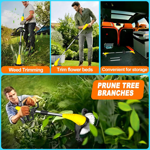Cordless Electric Weed Wacker With 12V Battery, 65 Inch Adjustable Pole shown in use for trimming lawn, flower beds, storage, and pruning branches.