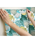 Installing Teal And Yellow Retro Tropical Leaves Peel And Stick Wallpaper Roll For Accent Walls Dope Vibe 20.5 Inch Wide By 16.5 Feet Long