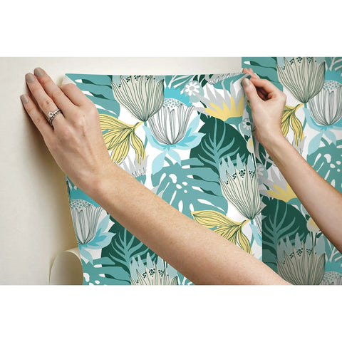 Installing Teal And Yellow Retro Tropical Leaves Peel And Stick Wallpaper Roll For Accent Walls Dope Vibe 20.5 Inch Wide By 16.5 Feet Long