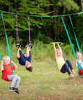 Kids swinging on Classic Mesh Swing Seat For Swing Sets Kids 3 And Up Easy To Attach Backyard Playground Accessory outdoors.