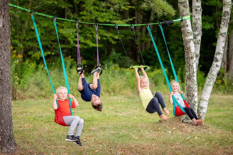 Kids swinging on Classic Mesh Swing Seat For Swing Sets Kids 3 And Up Easy To Attach Backyard Playground Accessory outdoors.