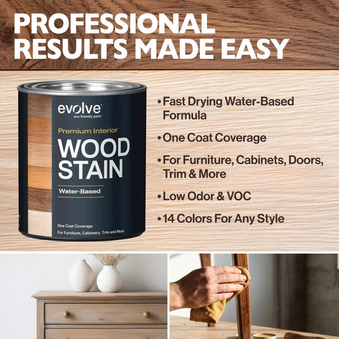 Premium Interior Water Based Wood Stain In Jacobean featuring a can, perfect for revamping furniture, cabinets, and trim.