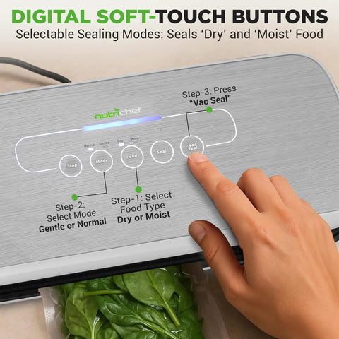 Using LED touch controls on No Fuss Automatic Food Vacuum Sealer For Easy Meal Prep And Fresh Storage, Auto Air Sealing For Dry And Moist Foods.