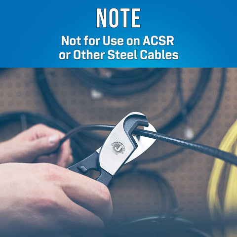 Close-up of Beast Hardline Coax And Fiber Cable Cutter in use, cutting coax cable, highlighting chrome vanadium steel construction.