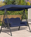 Outdoor Patio Porch Swing With Stand For Three Cushions And Pillow Included Navy Blue All Weather Steel Frame With Adjustable Tilt Canopy