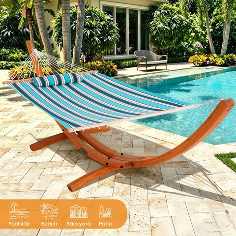Sunbrella Fabric Hammock With 13 Ft Wood Arc Stand For Two People Outdoor Patio Setup All Weather Fade Resistant