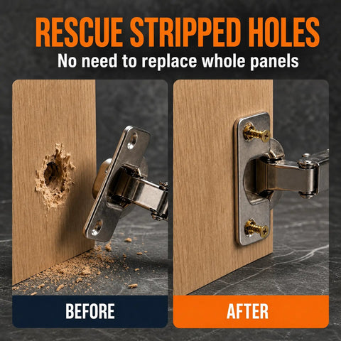 Before and after image showing repair of stripped holes using Thirty Five Pack Heavy Duty Self Expanding Metal Anchor Screws.