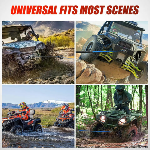 Quarter Inch Fifty Foot Synthetic Heavy Duty Winch Rope for ATV UTV 4x4 Off Road Vehicles 9000 Lb Capacity With Steel Hook Protective Sleeve Rubber Stopper Safety Strap Blue in use with ATVs and UTVs
