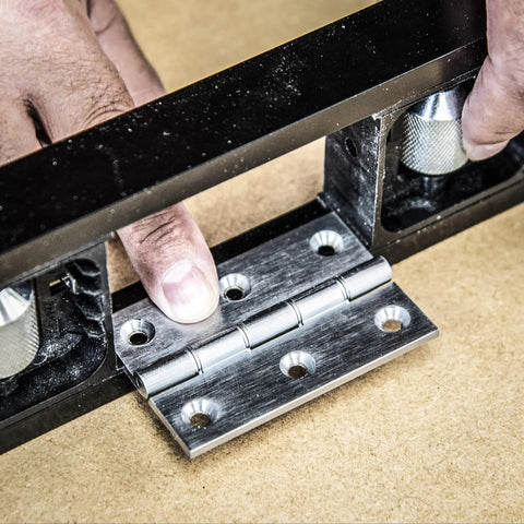 Adjustable Modular Door Hinge Router Jig for Timber Doors fits Six Foot Eight height with 10mm radius hinge attached, precision setup.