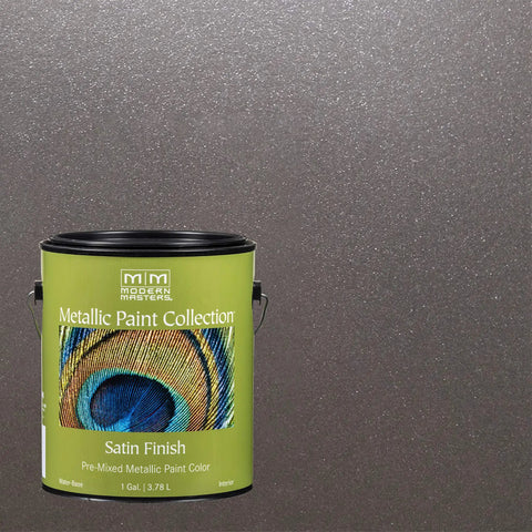 Can of Smoke Metallic Paint Collection Satin Water Based Interior Finish With Low VOC against painted wall background
