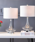Teardrop Glass Table Lamps Set Of 2 With Clear And Chrome Finish, Sleek Modern Bedside Lights, White Linen Drum Shades