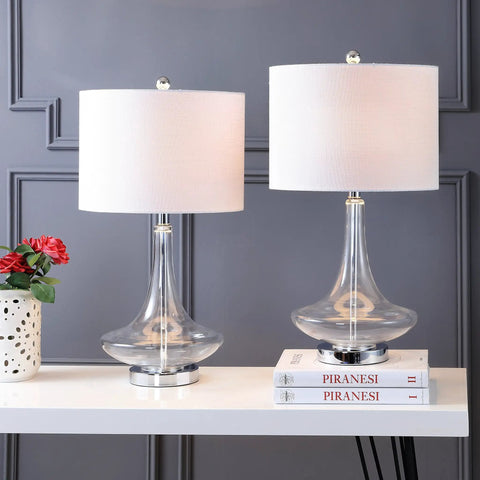 Teardrop Glass Table Lamps Set Of 2 With Clear And Chrome Finish, Sleek Modern Bedside Lights, White Linen Drum Shades