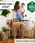Woman with child and dog by No-Drill Expandable Baby And Dog Gate 28 To 42 Inch Wide, 30 Inch Tall, Hardware Or Pressure Mounted