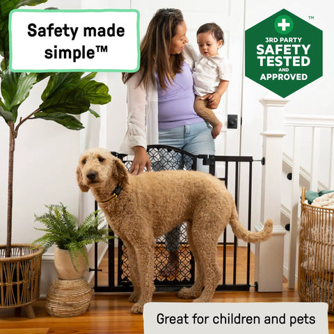 Woman with child and dog by No-Drill Expandable Baby And Dog Gate 28 To 42 Inch Wide, 30 Inch Tall, Hardware Or Pressure Mounted