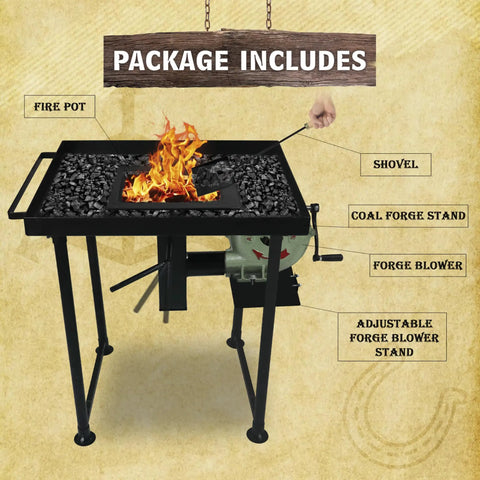 Coal Forge Stand With Fire Pot And Hand Blower Blacksmith Starter Kit For Your Home Forge Kickstart, heavy duty steel, in use