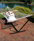 Rope Hammock With Stand For Outside Kick Back Backyard Vibe Heavy Duty Freestanding Outdoor Hammock Set With Quilted Pad And Pillow 12 Foot Steel Frame 275 Lb Capacity Royal Red