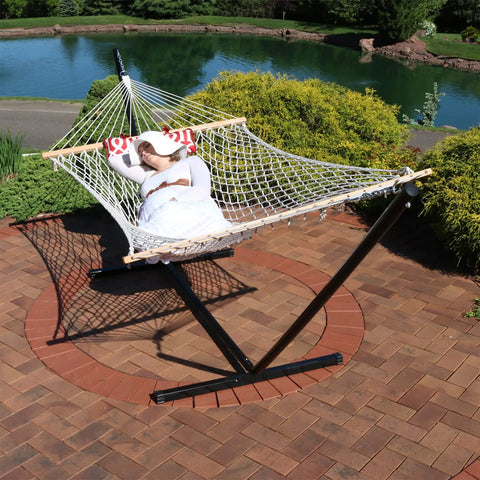 Rope Hammock With Stand For Outside Kick Back Backyard Vibe Heavy Duty Freestanding Outdoor Hammock Set With Quilted Pad And Pillow 12 Foot Steel Frame 275 Lb Capacity Royal Red