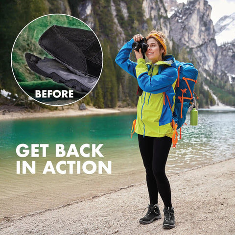Outdoor scene with hiker, inset shows shoe tear, Boot Mender Glue For Shoes Clear Instant Bond Heavy Duty Adhesive For Soles And Heels 30g