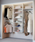 Top Tier Corner Closet Organizer Kit Featuring Dual Hanging Rods And Hella Spacious Shelf Towers For Maximizing White Storage Space Easy Install with hanging clothes and organized shelves.