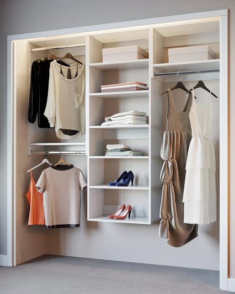 Top Tier Corner Closet Organizer Kit Featuring Dual Hanging Rods And Hella Spacious Shelf Towers For Maximizing White Storage Space Easy Install with hanging clothes and organized shelves.