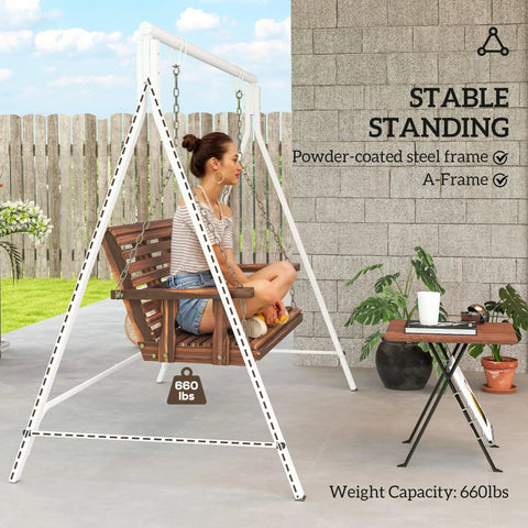 Heavy Duty Metal Porch Swing Stand For Outdoor Use 528 Lb Weight Capacity A Frame Hanging Chair Stand For Backyard Patio Lawn Playground White Stand Only shown with a brown wooden swing and person seated.