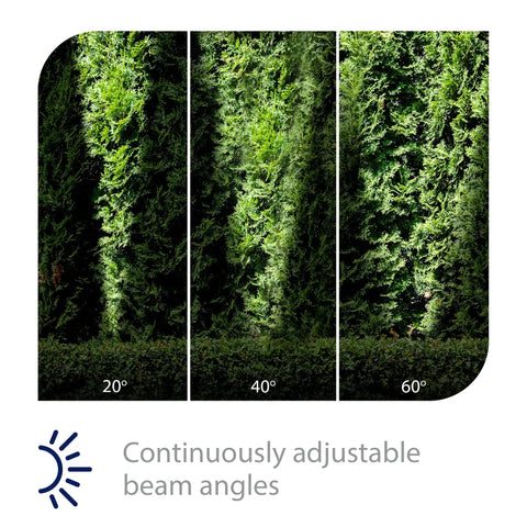 Comparison of light beams at angles 20°, 40°, 60° from 12V Landscape Accent Light With Adjustable Beam And Integrated Brightness Control