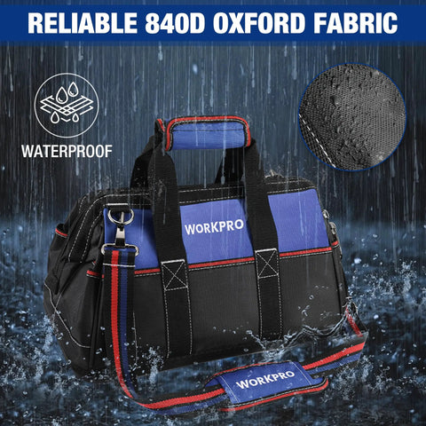 16 Inch Wide Mouth Tool Bag With Waterproof Molded Base, Heavy Duty 840D Polyester, Pro Grade Tool Organizer For Home, Garage And Job Site, Durable, Water Resistant Carryall With Double Stitching, blue and black waterproof view