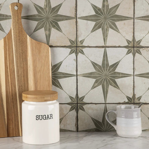 Kings Star Sage Seventeen And Five Eighths Inch Ceramic Floor And Wall Tile With Glazed Low Sheen Finish in kitchen setting.